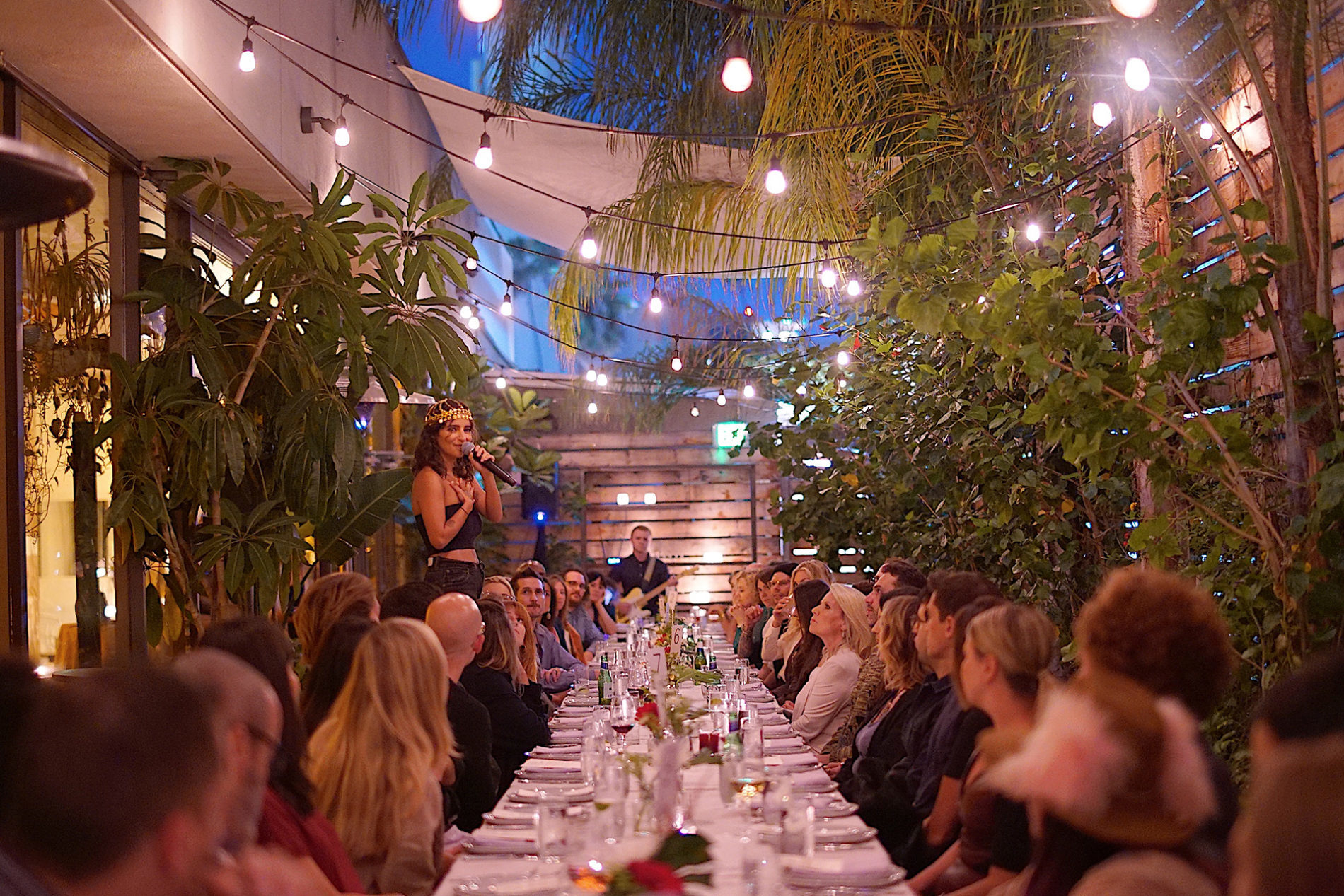 picture of peoples on a dinning table with plants and lightening background