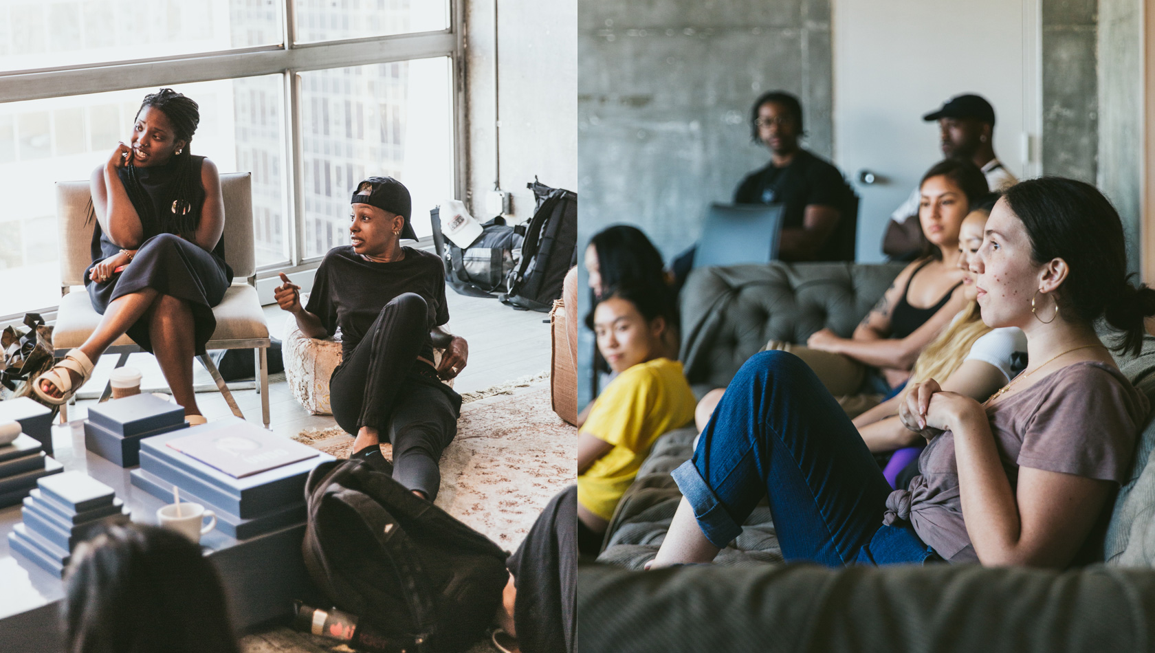 People sitting in front of transparent glass window with other image people sitting of sofa