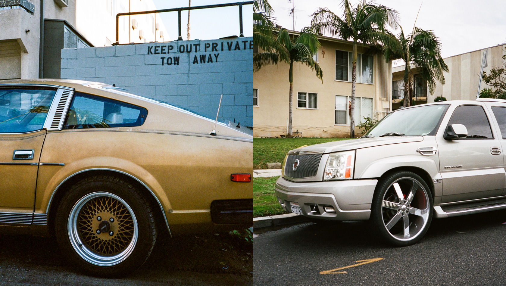 Yellow Nissan z car s130 and white cadillac escalade 2001 parked outside in the road