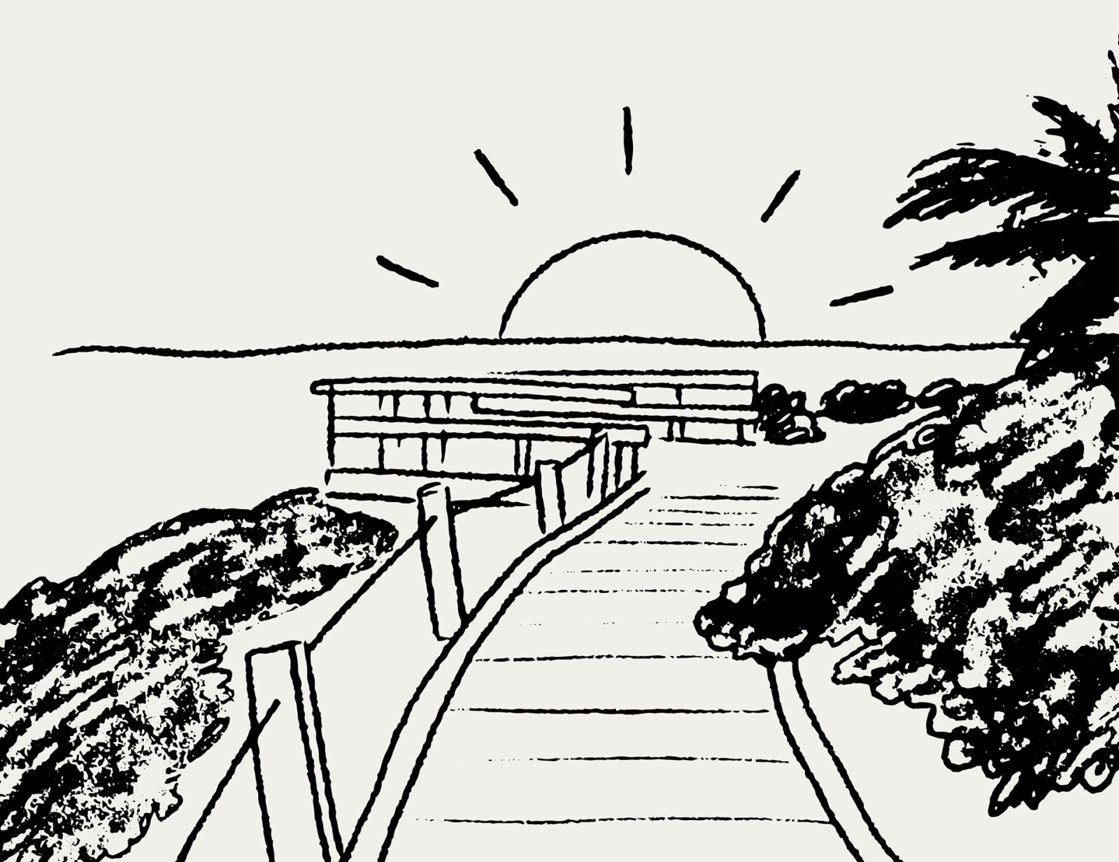 This is a hand-drawn picture of a deck situated by a lake, with the sun setting in the background. The drawing is made with black ink on a light grey surface.