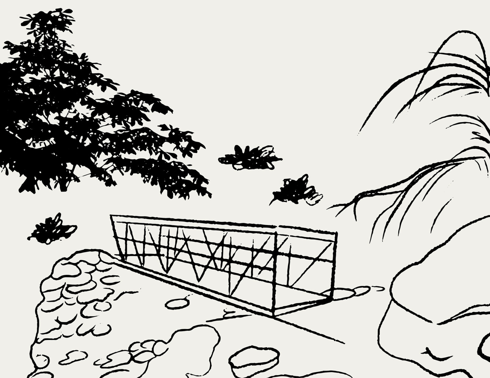 A hand-drawn picture of bridges between trees and rocks in black ink on a light grey surface.