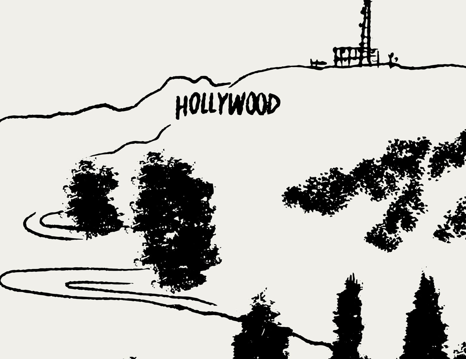 A hand-drawn picture of Hollywood with nearby trees and roads using black ink on a light grey surface.