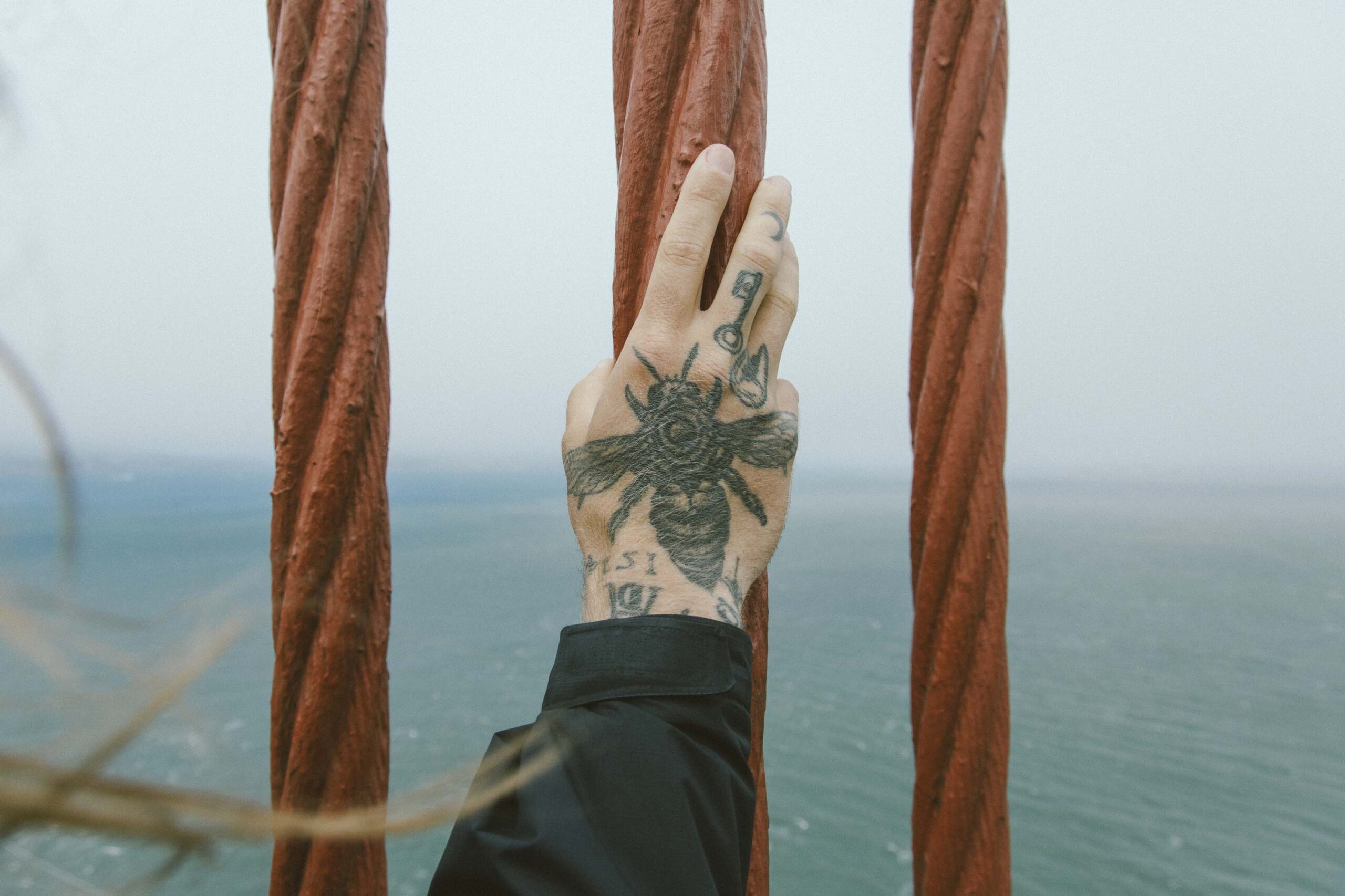 A hand with a honey bee tattoo is holding onto the suspension bridge cables.