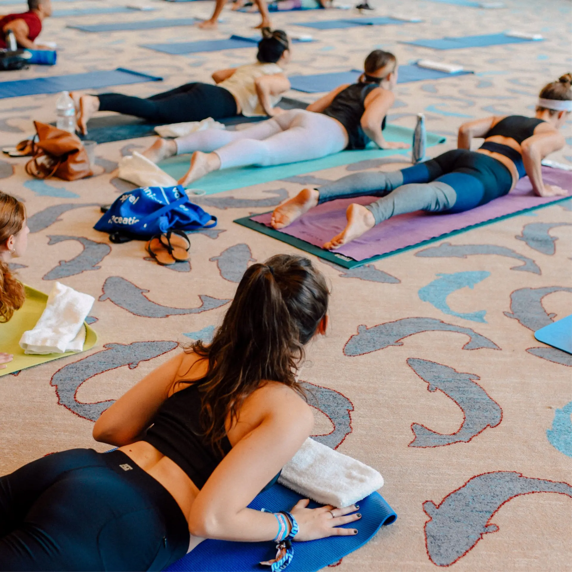 A group of girls are practicing yoga on mats.