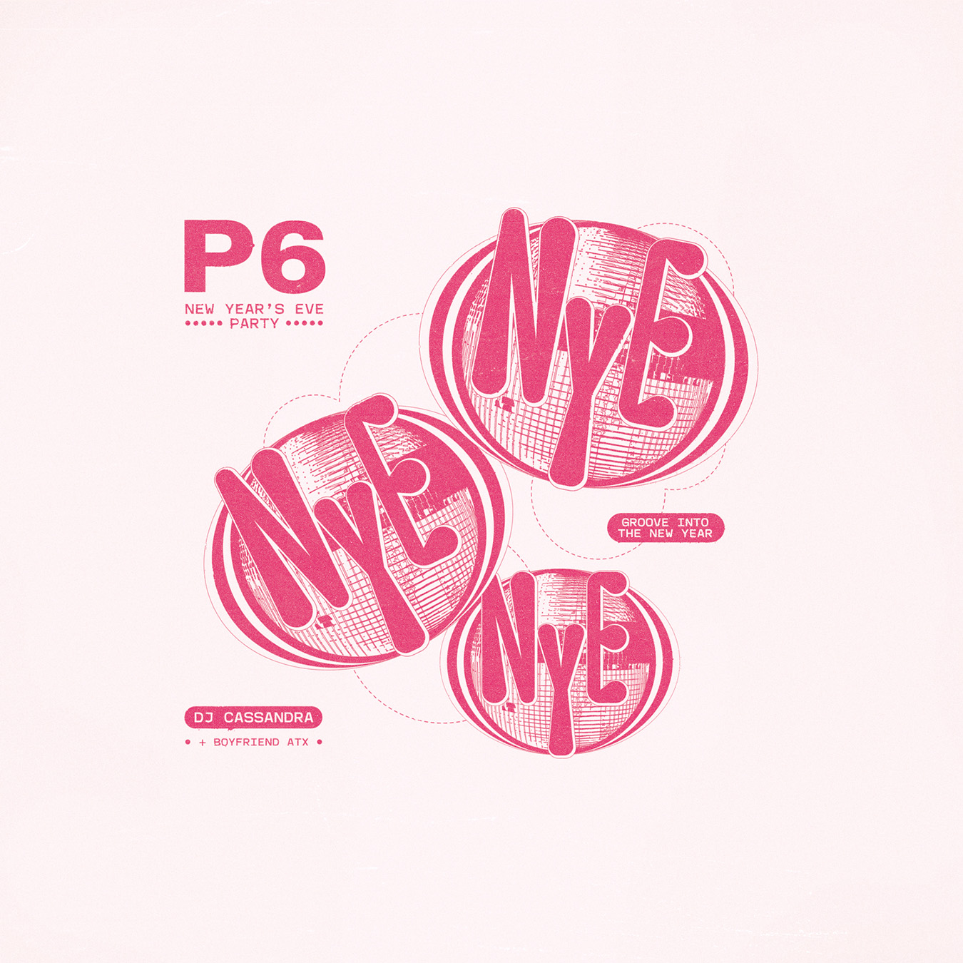 "P6 New Year's Eve Party" brochure adorned with pink logos and festive text.