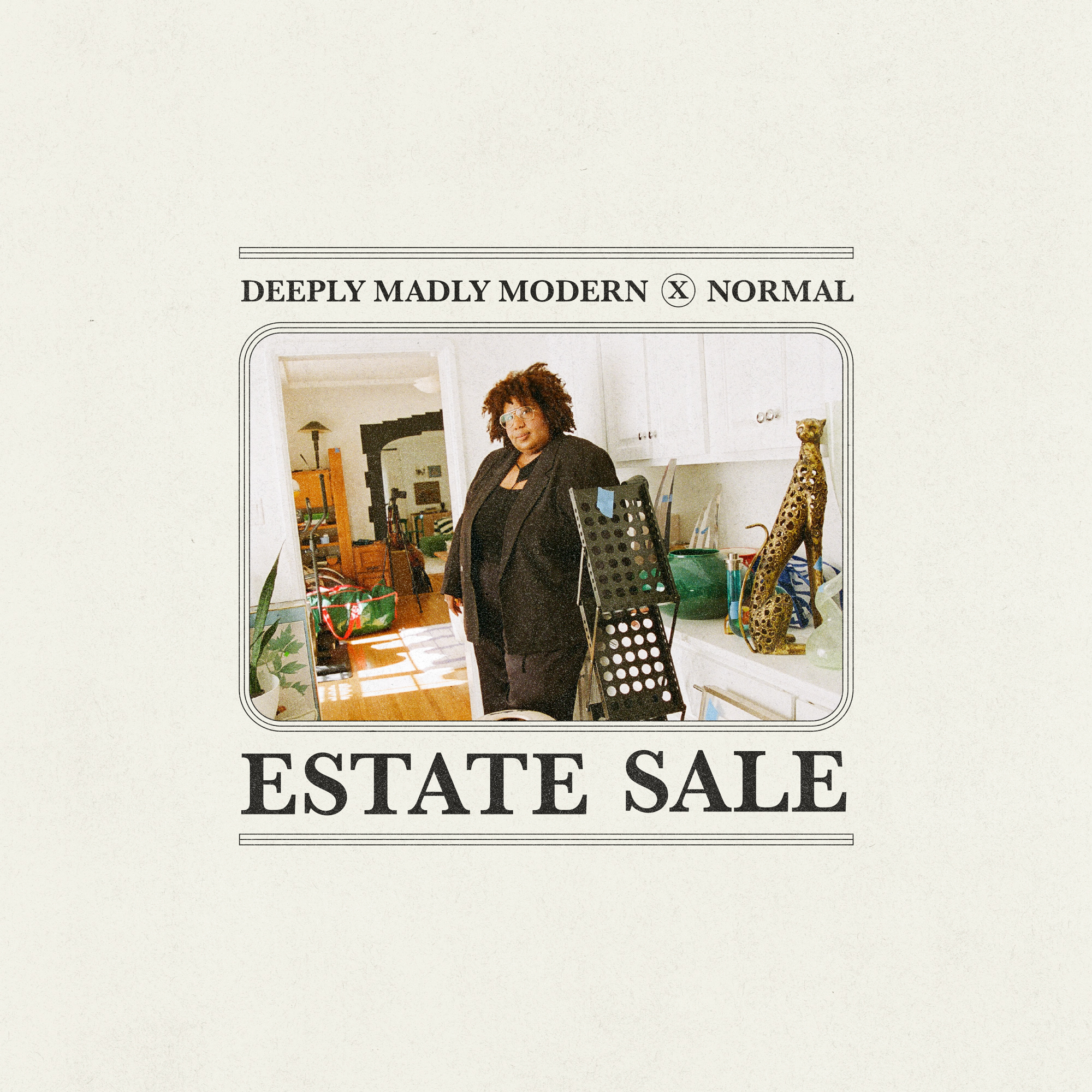 The "ESTATE SALE" poster features text and a lady's photo for an intriguing promotion.