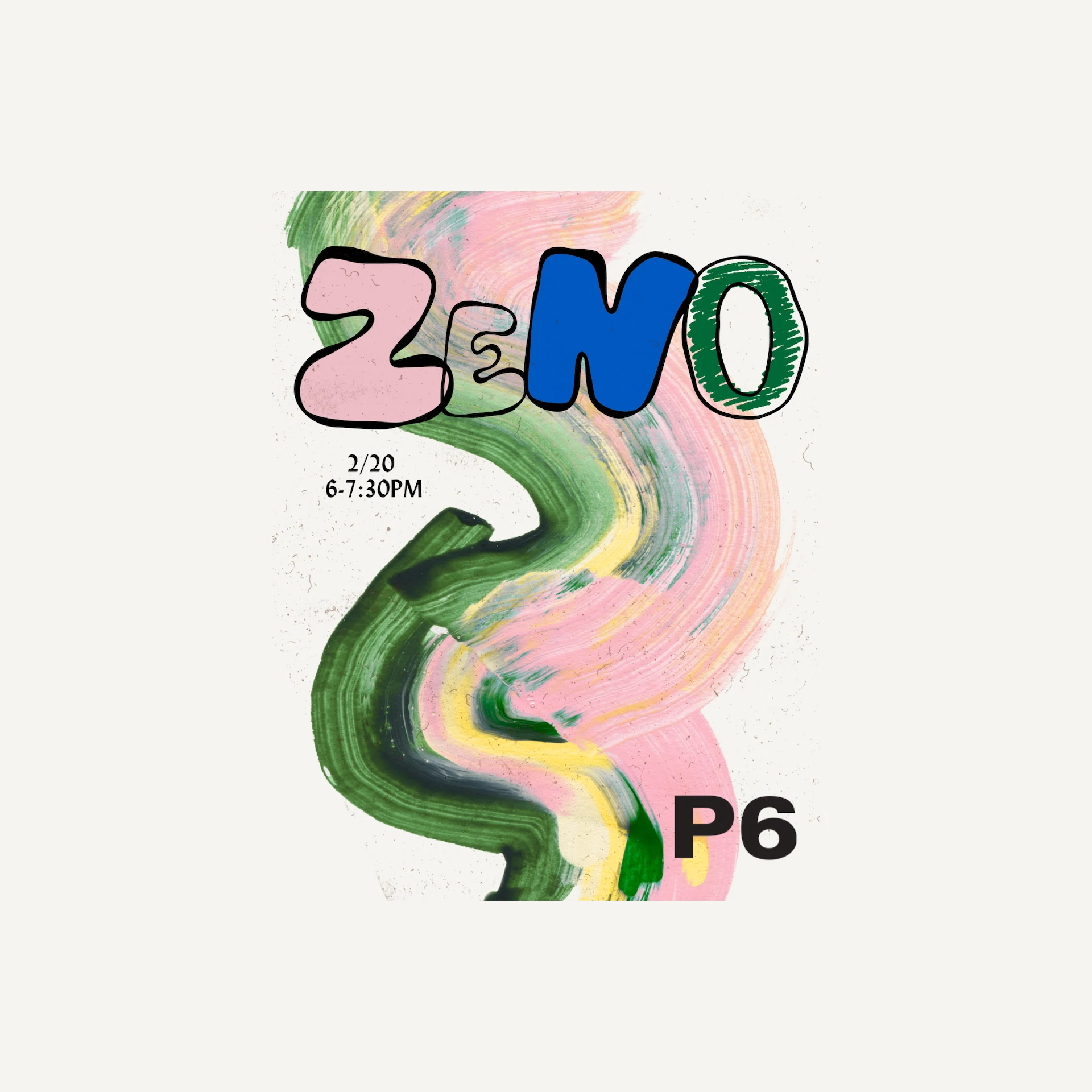 Colorful abstract poster reading ZeNo with painted swirl design and event time and location details