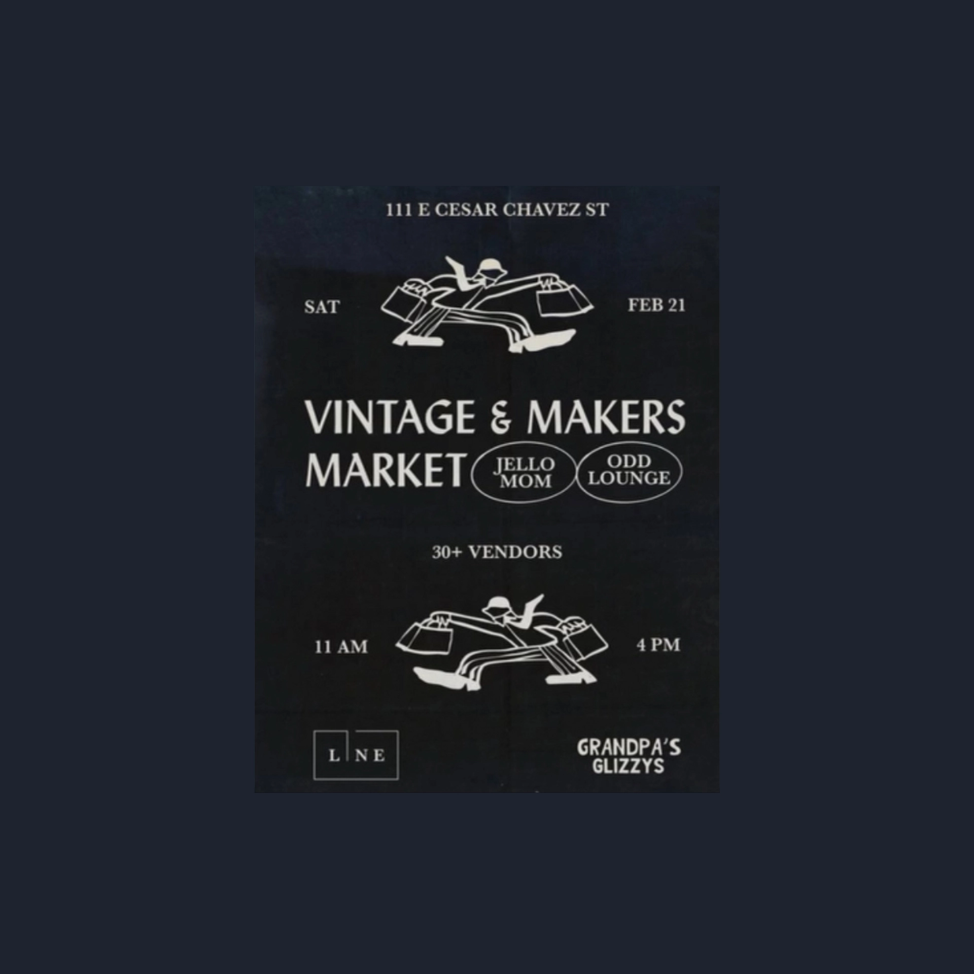 Black and white Vintage and Makers Market poster with date, location, vendors, and event times