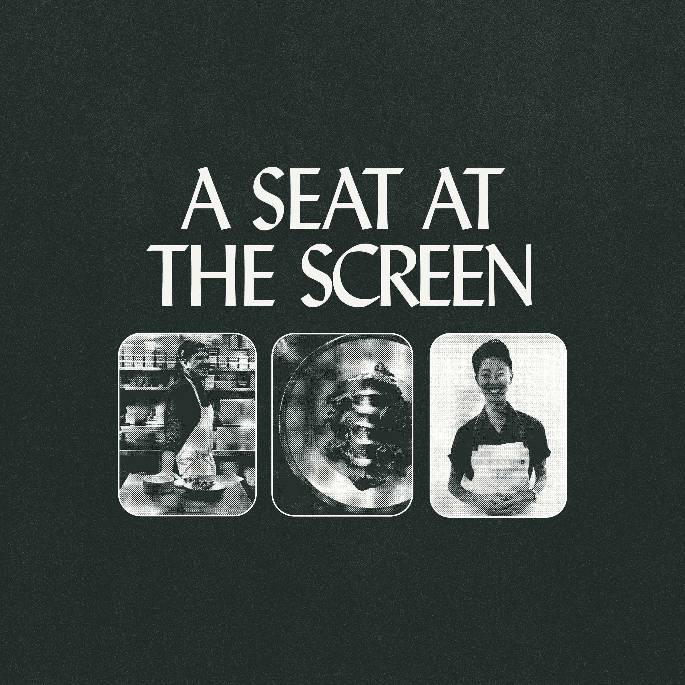 Green background with large title and three photos showing two people in aprons and a close‑up of a plated dish.