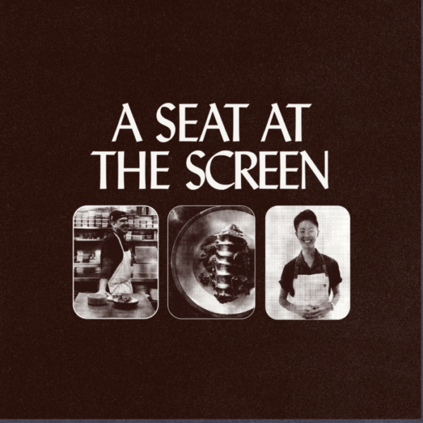 Maroon background with bold white title and three square photos showing two people in aprons and a plated dish in the center.