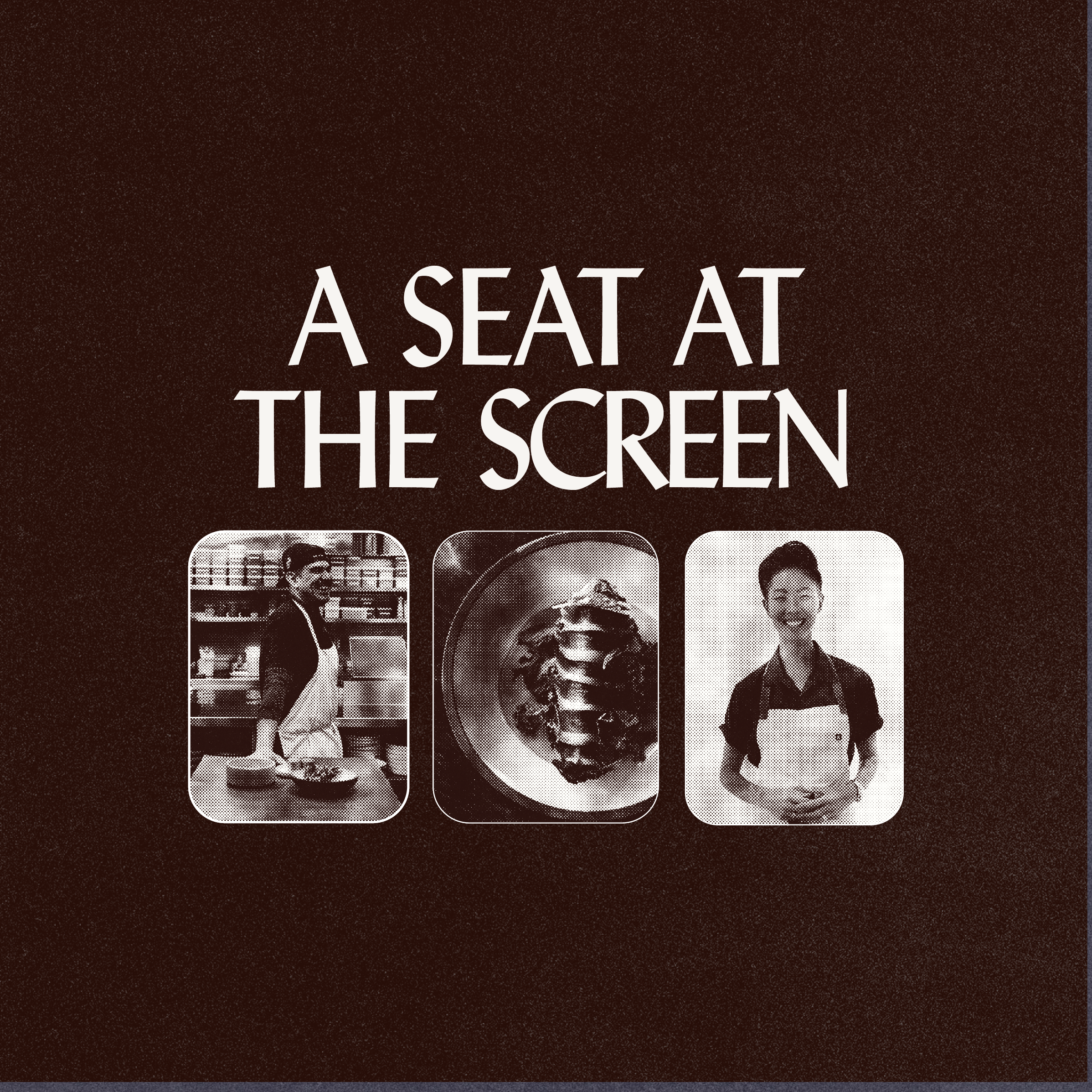 Maroon background with bold white title and three square photos showing two people in aprons and a plated dish in the center.