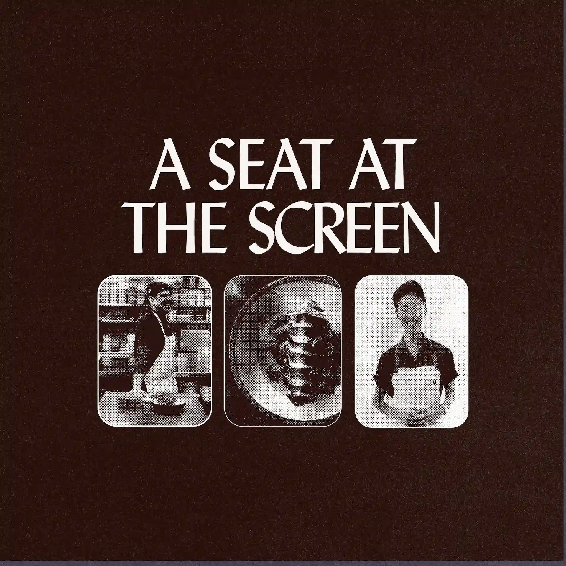 Maroon background with bold white title and three square photos showing two people in aprons and a plated dish in the center.