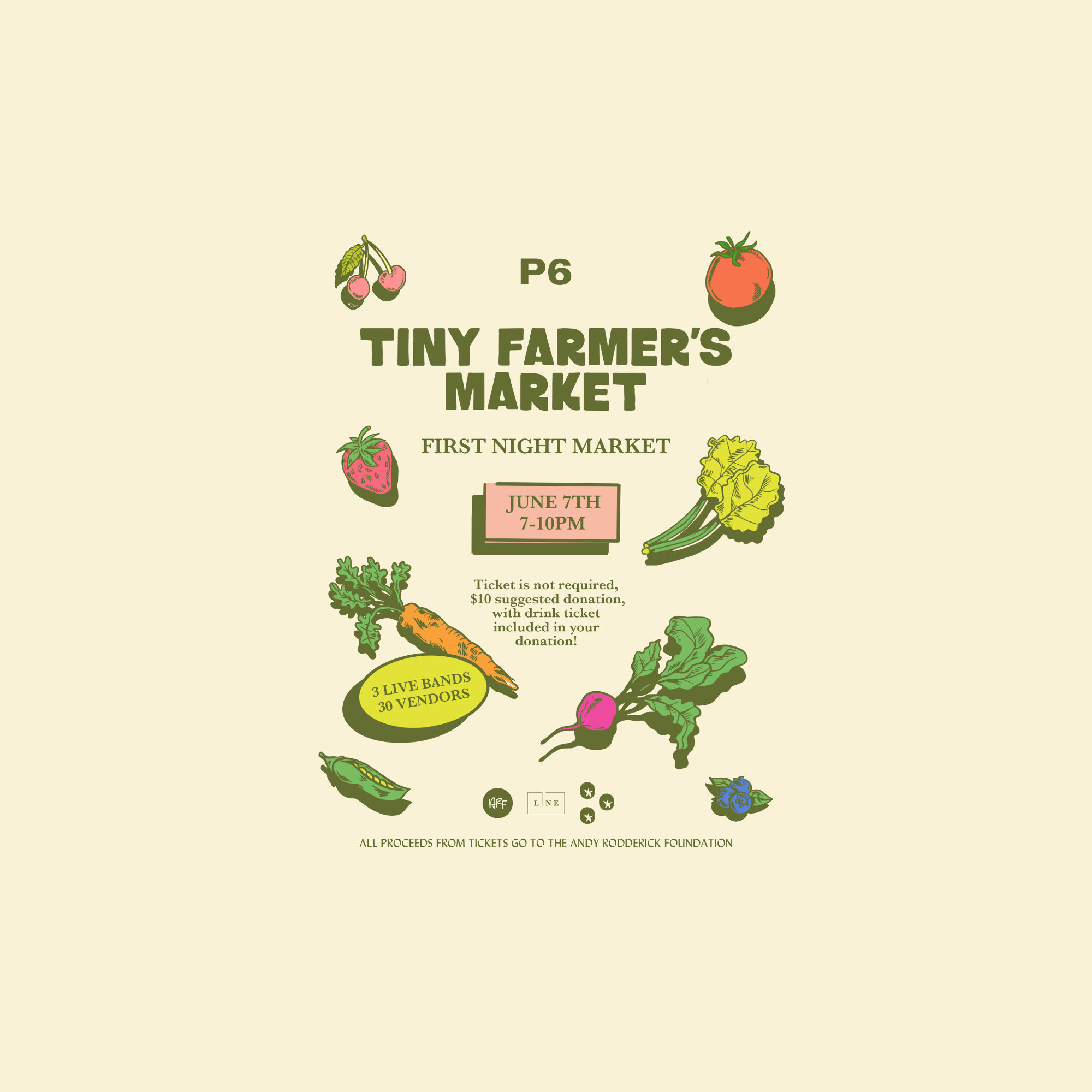Illustrated Tiny Farmer’s Market flyer featuring produce graphics, live bands, vendors, and June 7 night market details.