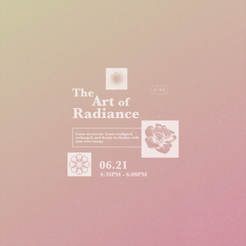 Soft pink gradient event graphic for “The Art of Radiance” wellness gathering on June 21 from 4:30–6 PM.
