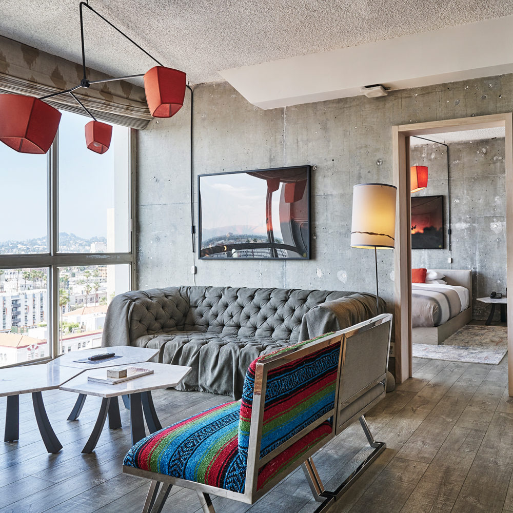 Room with sofa and a transparent glass window