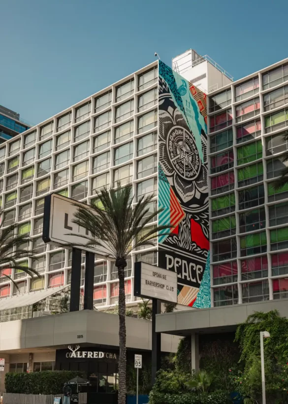 LINE LA exterior building with a mural on the side