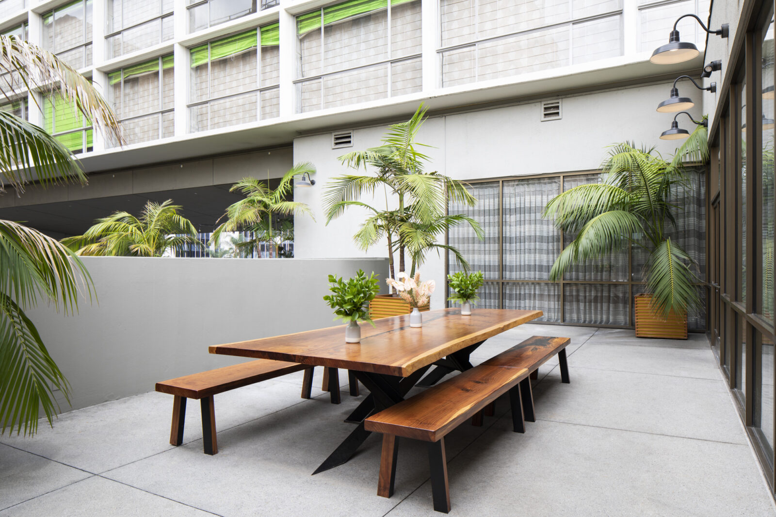 Table and chair with plants