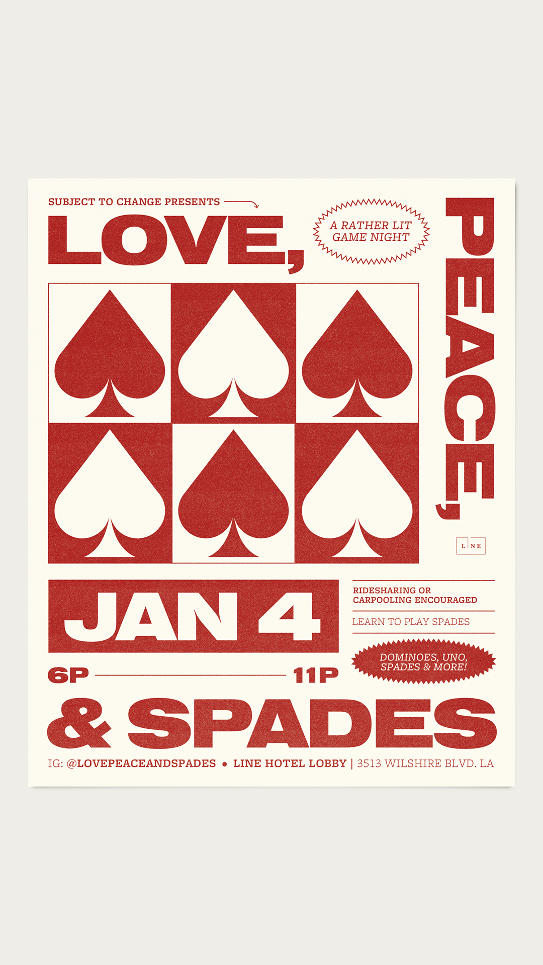 Love, Peace, & Spades - January 4th - 6pm to 11pm