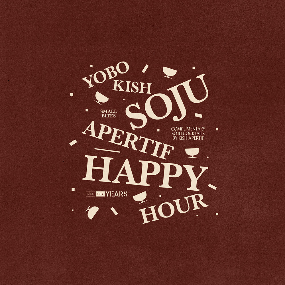 A maroon color poster with text about Yobo Kish Soju Aperitif Happy Hour