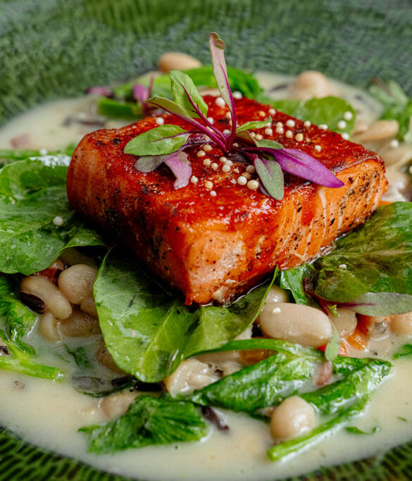 Fish, beans, and salad greens