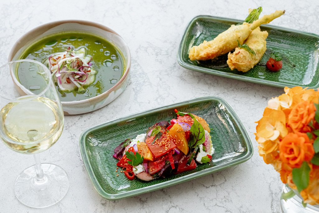 Beet salad, tempura, hamachi crudo