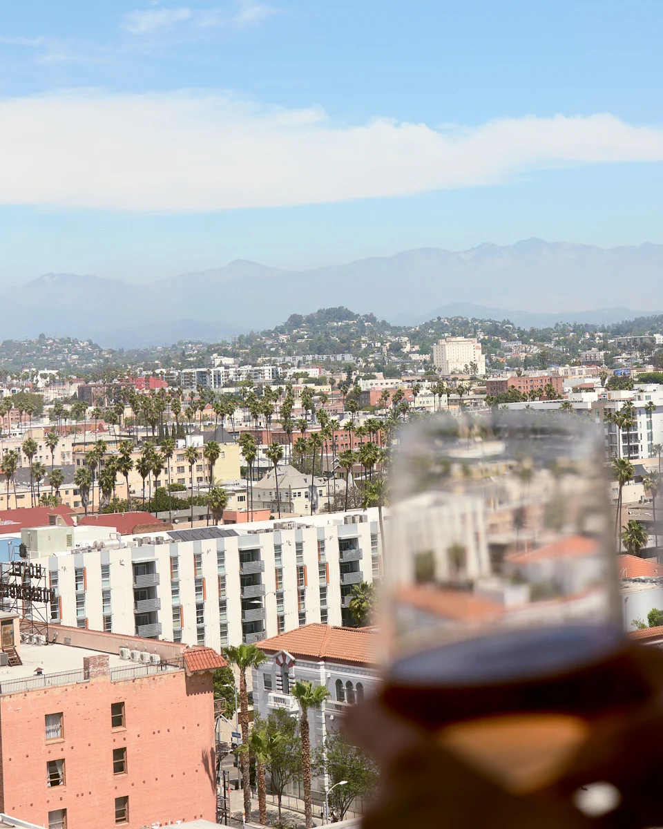 Hand holding drink in foreground with palm trees, mid-rise buildings, and mountains under clear sky
