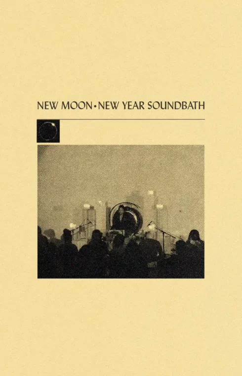Minimalist beige poster with new moon imagery and a soundbath group gathered around gongs.