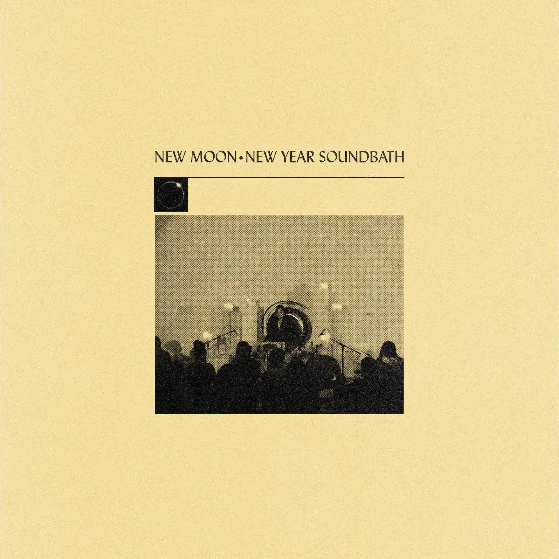 Minimalist beige poster with new moon imagery and a soundbath group gathered around gongs.