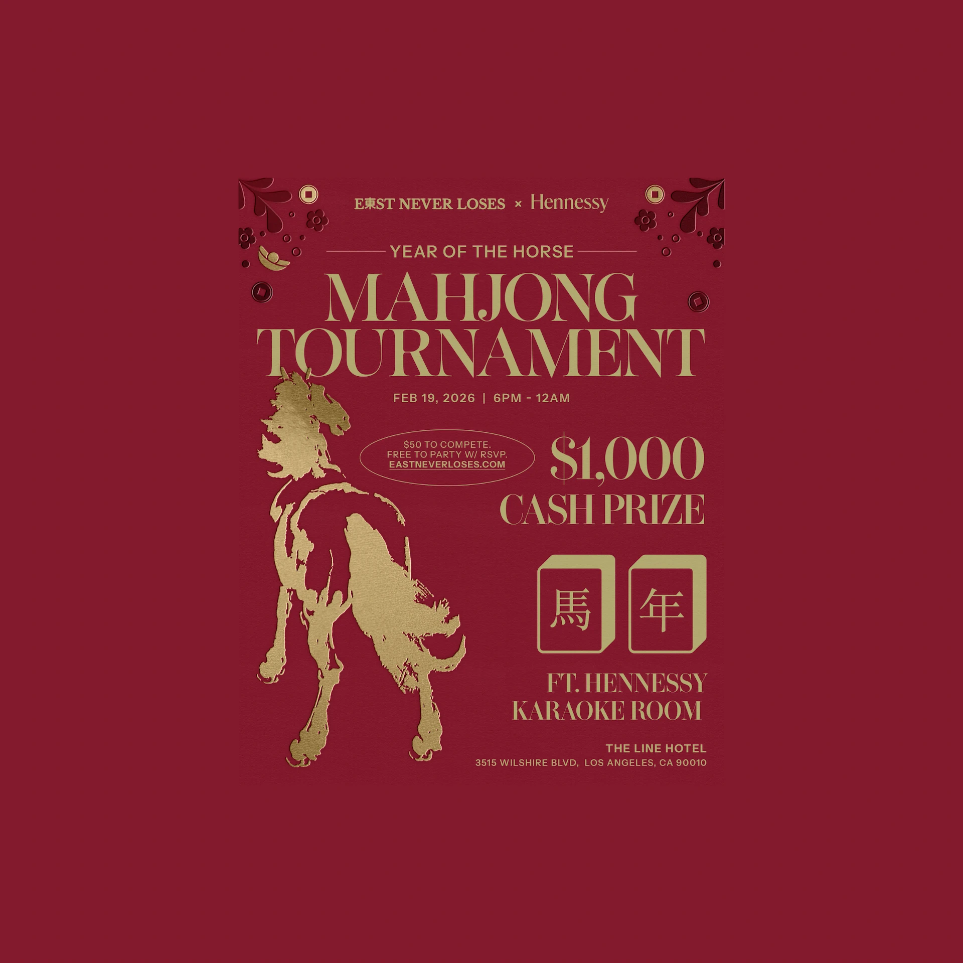 Red and gold poster with a stylized horse and details for a Year of the Horse Mahjong tournament.