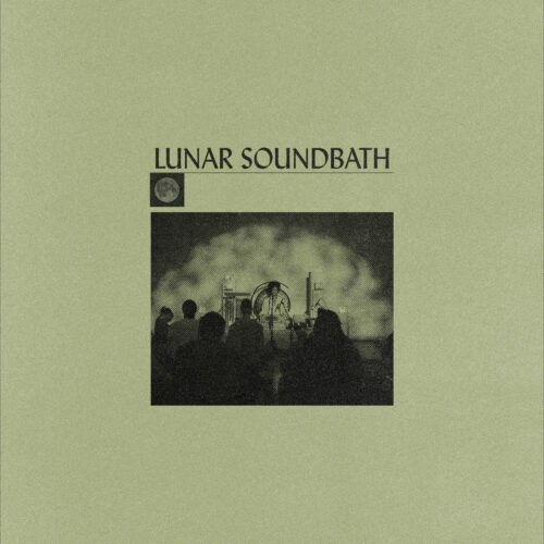 “Flyer for Lunar Soundbath event featuring silhouetted audience, moon icon, and ambient stage scene.”