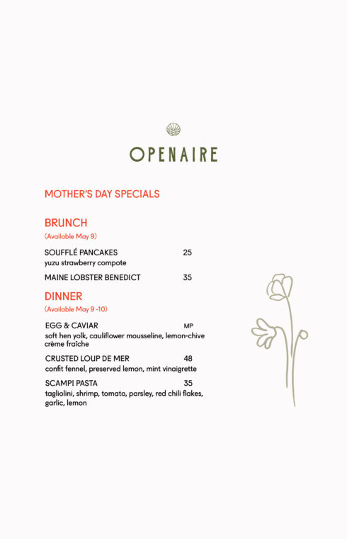 Mothers Day Openaire menu