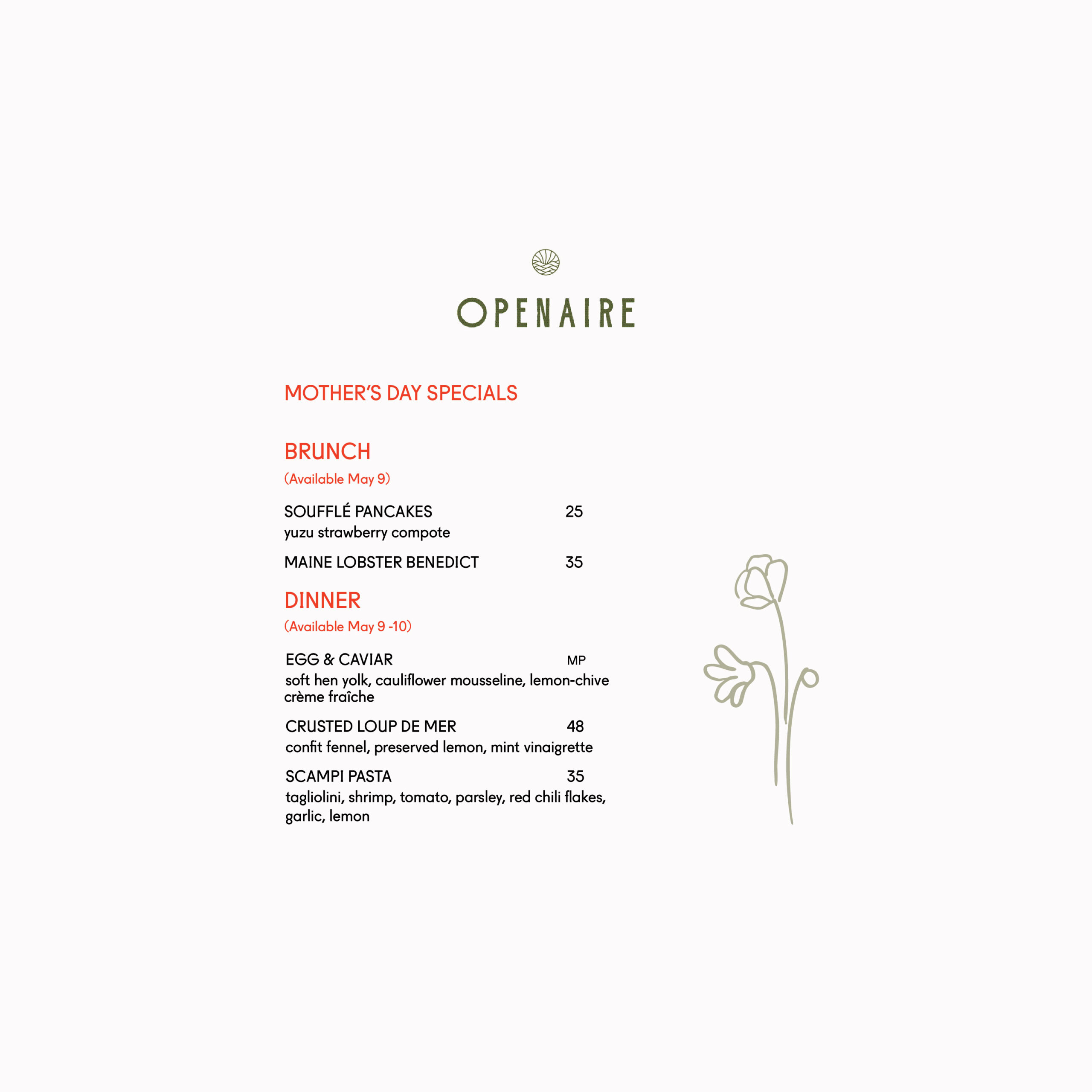 Mothers Day Openaire menu