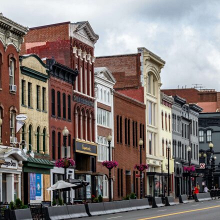 Street view of colorful historic buildings and storefronts in Georgetown, Washington, DC
