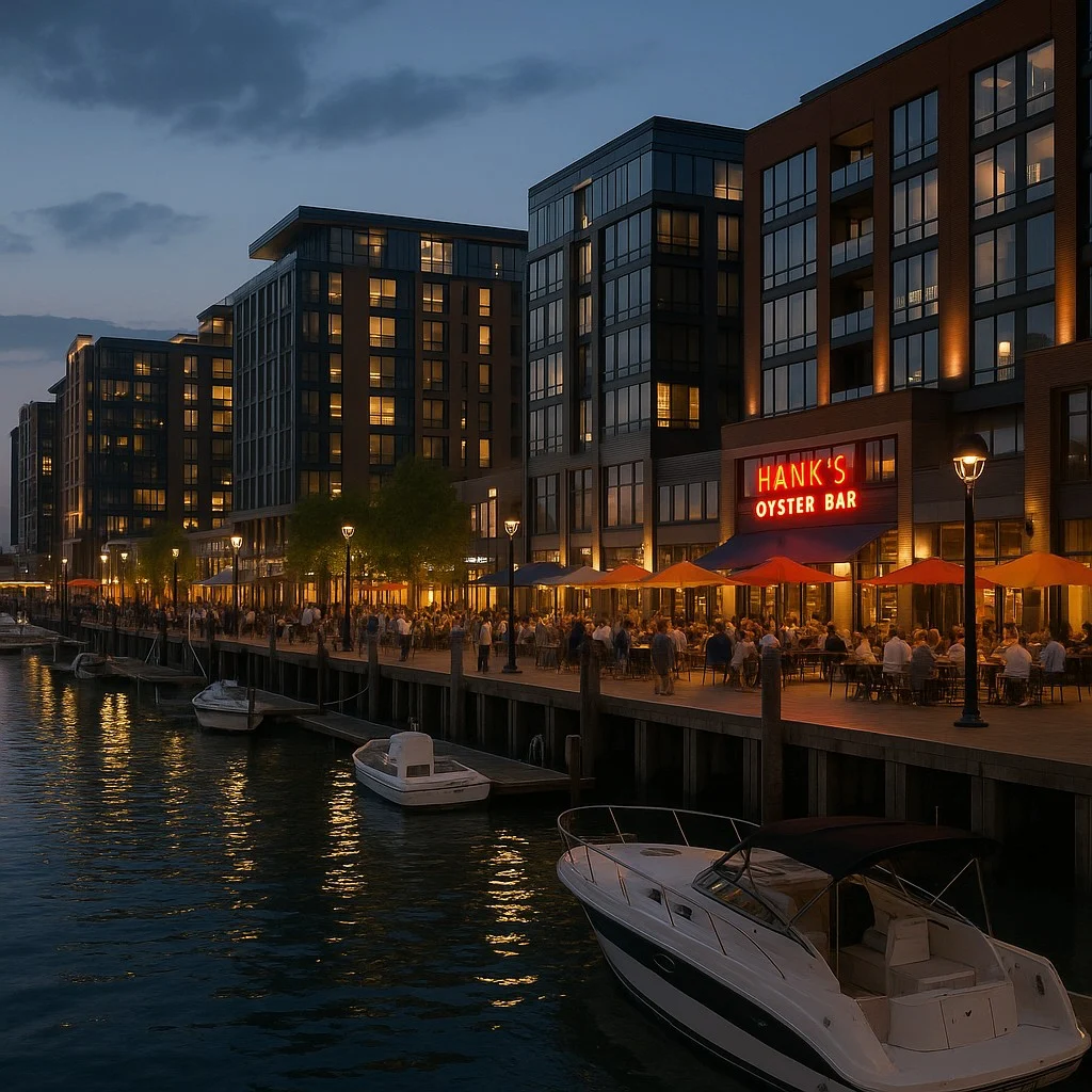 Evening waterfront scene with boats, lit boardwalk, and diners at Hank’s Oyster Bar under city lights
