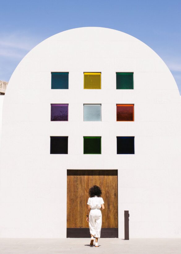 Woman on the entrance of Blanton Museum of Art