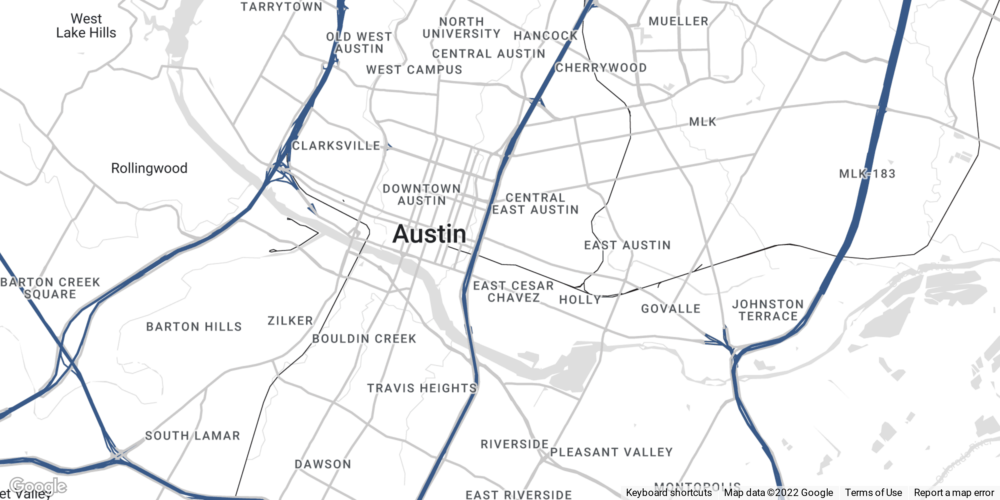 black and white map of Austin, Texas with 3 main roads highlighted in blue