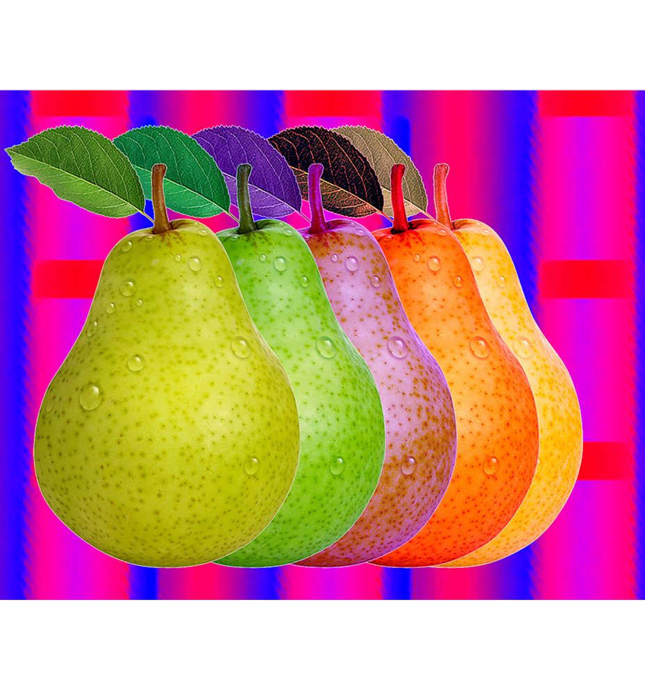 image of four pears of different color with a blue and red background