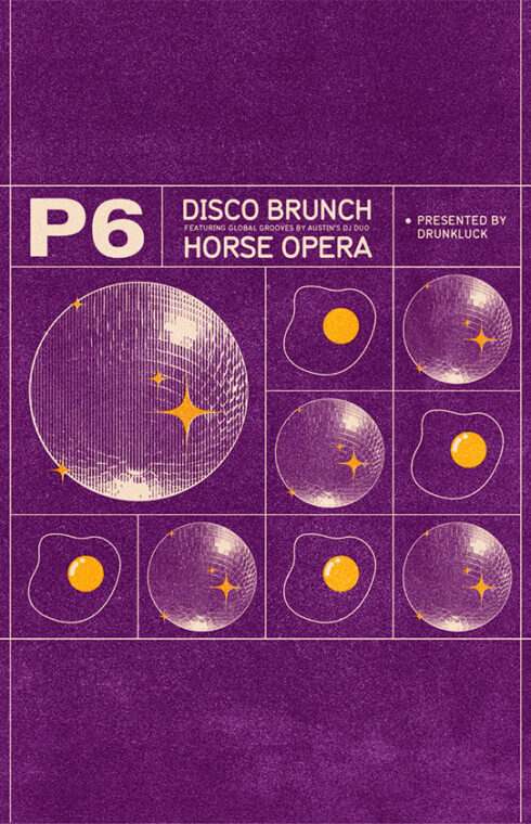 A purple poster for Disco Brunch at P6 on December 31, 2023