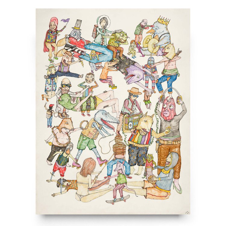 Colorful surreal illustration featured in Art at The LINE Austin, with whimsical hybrid characters and animals in suits.