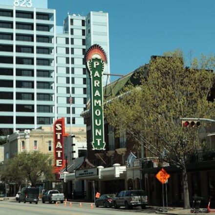 View of the Paramount and State Theatres on Congress Avenue in downtown Austin, TX