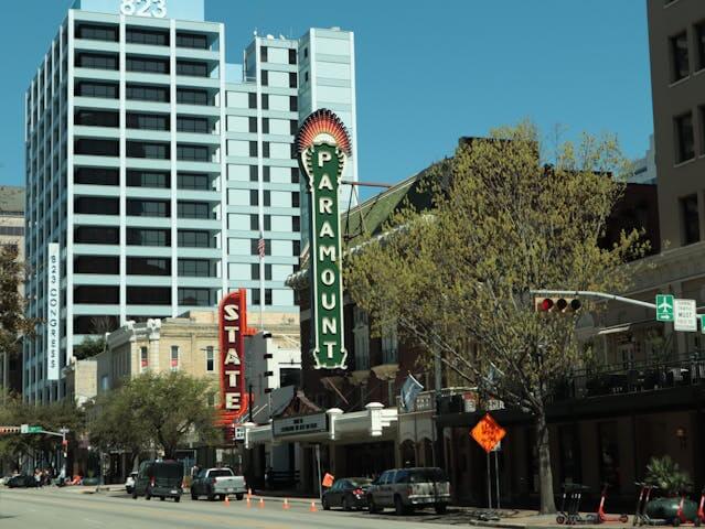 View of the Paramount and State Theatres on Congress Avenue in downtown Austin, TX