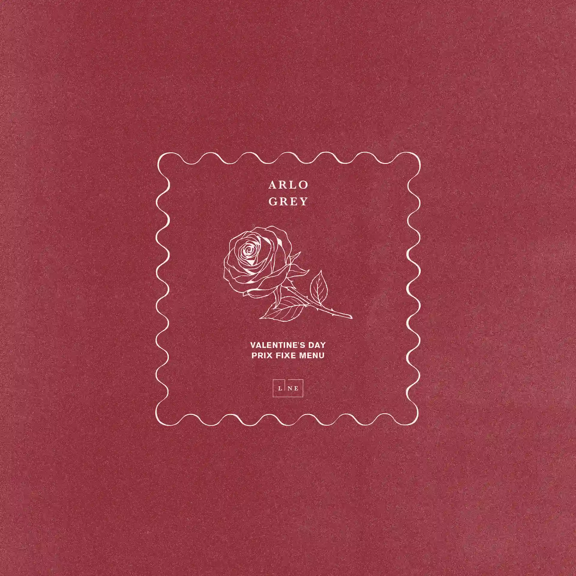 Decorative Valentine's Day prix fixe menu cover for Arlo Grey, featuring white rose on deep red background.