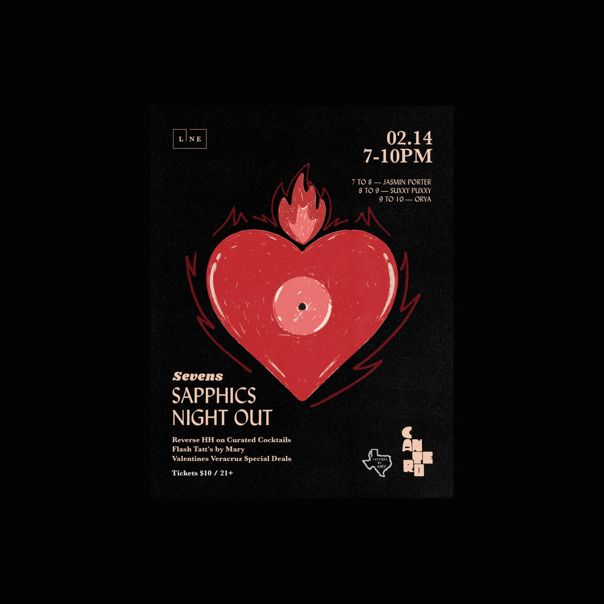 Promotional poster for Sevens Sapphics Night Out, featuring flaming heart vinyl and DJ lineup on black background.
