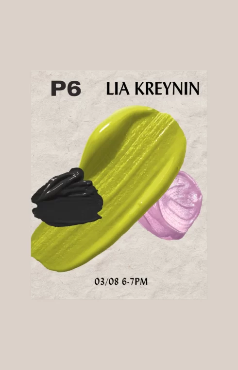 Abstract poster with bold paint strokes and event details for Lia Kreynin on March 8.