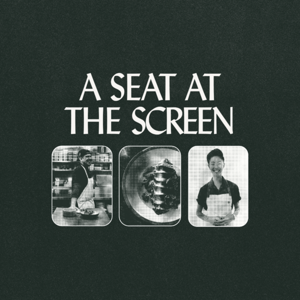 Green background with large title and three photos showing two people in aprons and a close‑up of a plated dish.