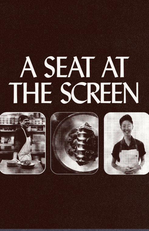 Maroon background with bold white title and three square photos showing two people in aprons and a plated dish in the center.