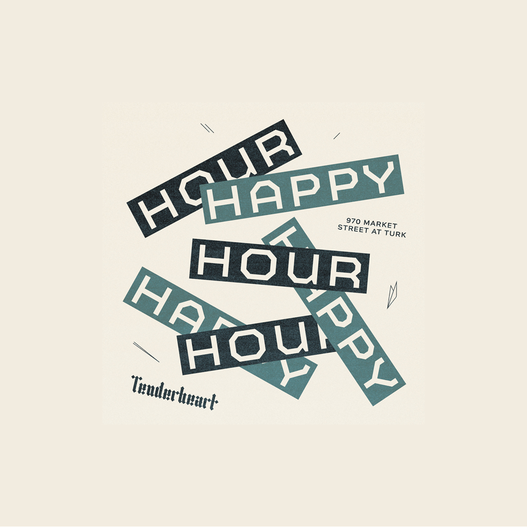 The "HAPPY HOUR by TENDERHEART" logo crafted on a light yellowish surface.