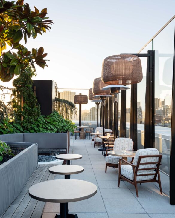 Elegantly adorned sofas and tables, accompanied by hanging lamps and green plants on the rooftop.