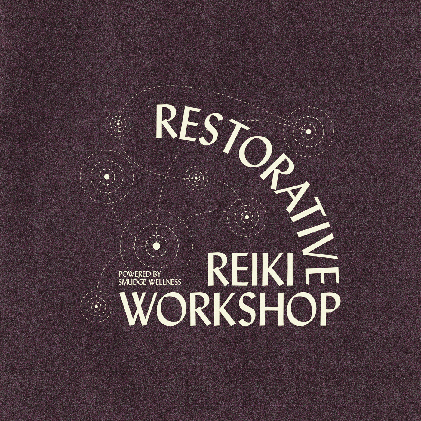 "Restorative Reiki Workshop" written in white on a purple surface.