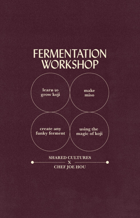 A purple poster for a fermentation workshop at the LINE SF, presented by Shared Cultures on February 22nd, 2024